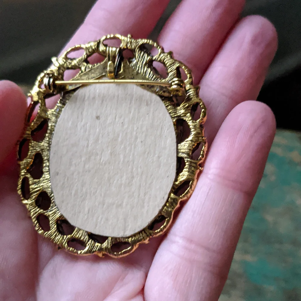 Vintage Embroidered Linen Flower Gold  Framed Coquette Brooch Pin Pendant